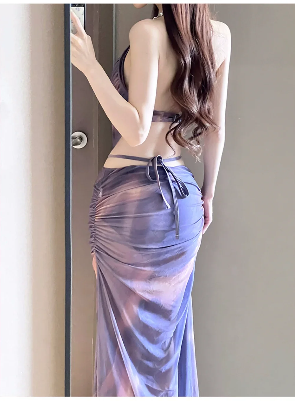 

sexy Korean fashion tie dye print swimsuit 3pcs halter tie back pleat vest with long cover skirt bikinis padded swimwear biquini