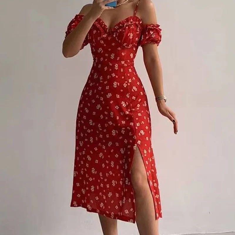 Summer Women\'s New In Sexy Slim French Strap Dress Flower Printing Short Sleeve Elegant Dresses For Women 5-color 5-size