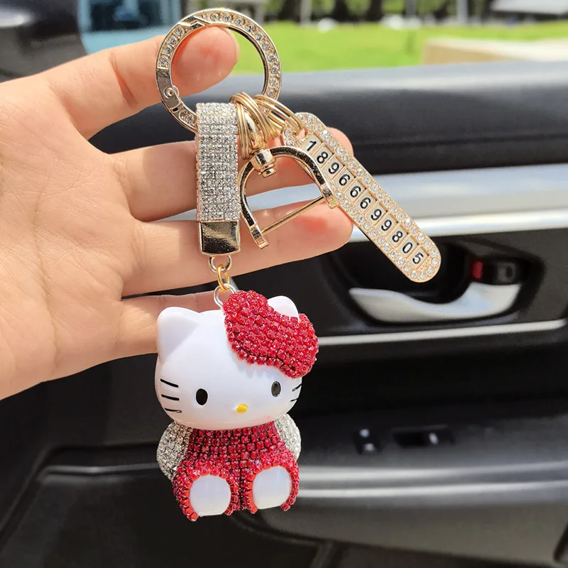 

Hello Kitty Cat Car Hanging Ornament Plush Ball Diamond-Embedded Decorative Car Interior Accessory Keychain Pendant