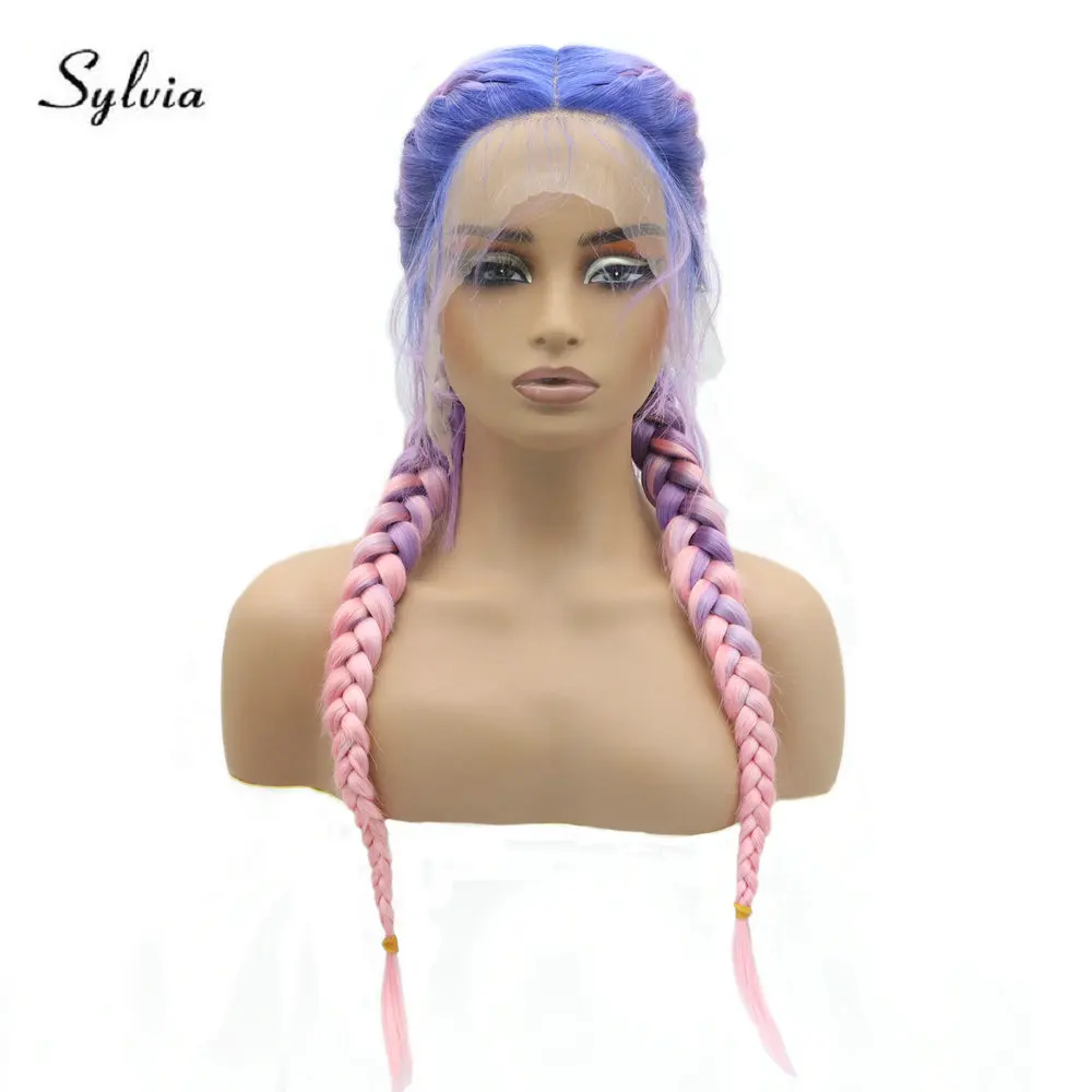 

Sylvia Blue Ombre Pink Long Synthetic Lace Front Wigs for Women Braided Two Braids Wig Natural Hairline with Baby Hair Colorful