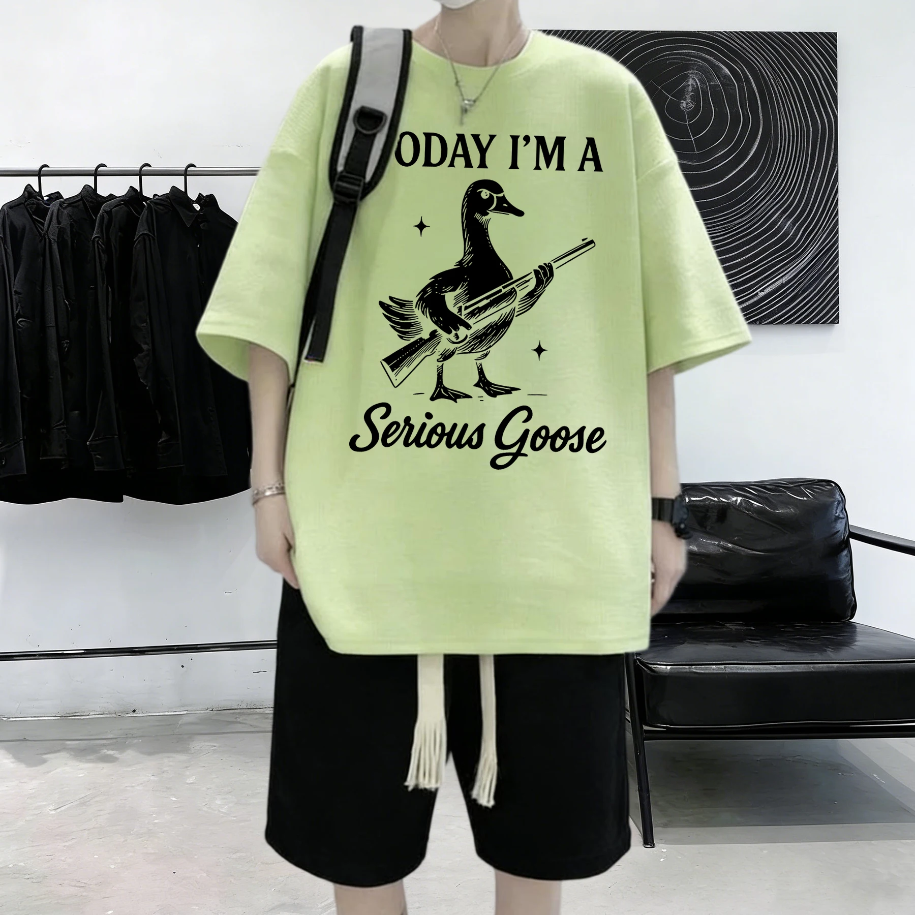 Today I Am A Serious Goose Pattern Cotton Simple Summer T-Shirts Mens Casual Vintage Short Sleeve Fashion Street Clothing