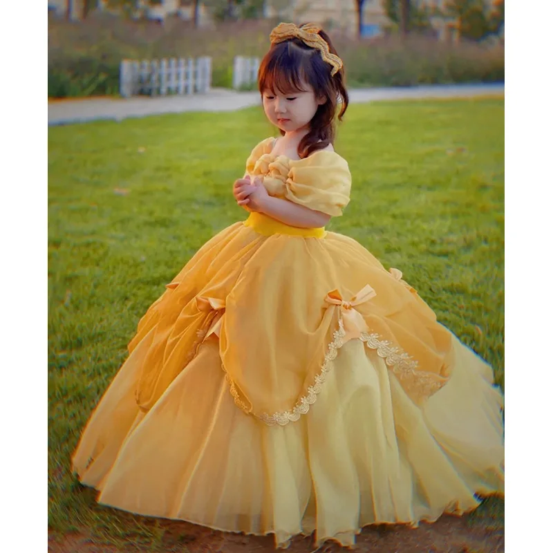 2026 Kids Formal Dress Children New Yellow Long Fashion Cute Runway Performance Pageant Party Birthday Banquet Gown Costume