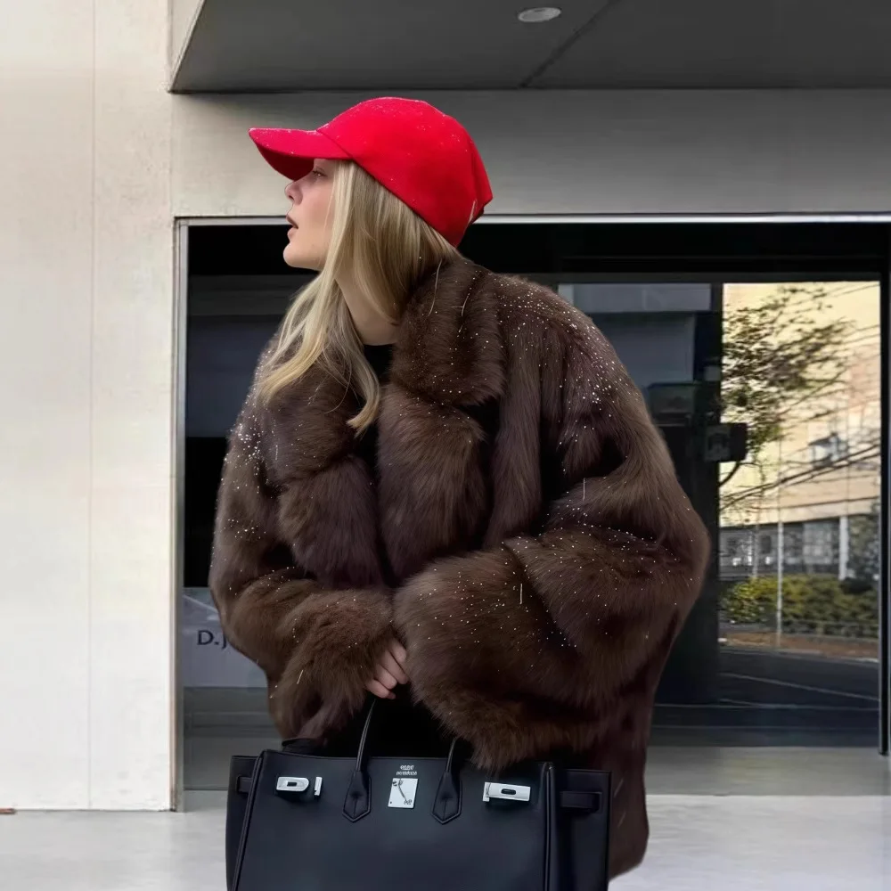 معطف فرو الثعلب ذو لون سادة ممتاز مترهل بأكمام طويلة لخريف وشتاء 2025 بياقة مقلوبة ملابس خارجية مقاومة للرياح للمكتب للسيدات #4