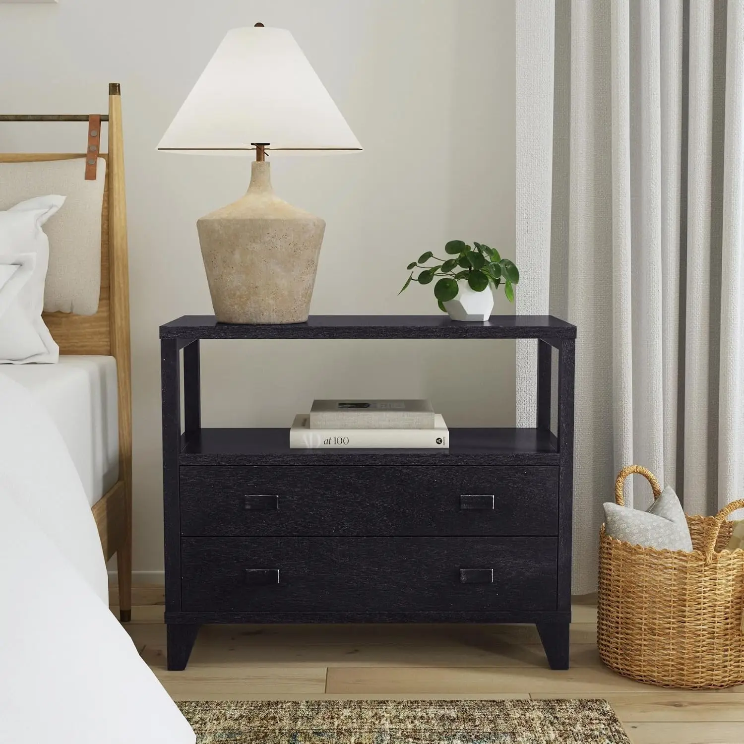 2-Drawer Nightstand Black Solid Wood Bedside Table Open Shelf Modern Hardware Angled Legs 34