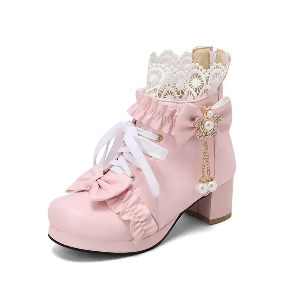 

2025 Women's Lace Pearl Lolita Boots Black Double Bow-tie Pleated Cute Cosplay Boots Pink Shiny Rhinestone Shoes Lady Winter 43