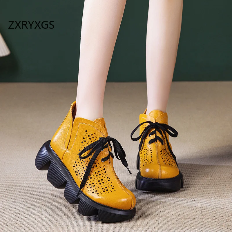 ZXRYXGS Top Layer Cowhide Hollow Boots Breathable Shoes 2025 New Fashion Spring Summer Platform Non-slip Elevator Boots Tide