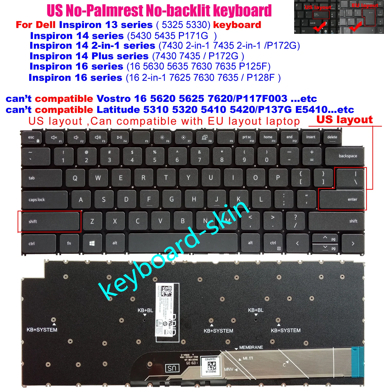 

Новая клавиатура без подсветки для Dell Inspiron 5325 5330 5430 5435 P171G 7430 2-в-1 7435 2-в-1 P172G 5630 5635 7625 7630 7635 P125F