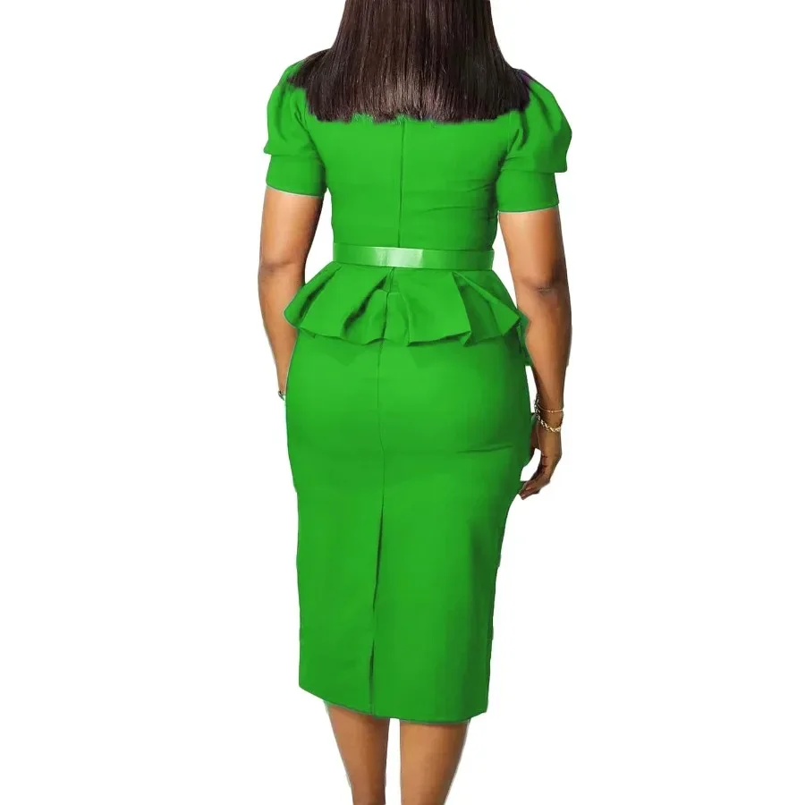 Summer Fashion Office Ladies Belt Pencil Dress Women Elegant OL Round Neck Short Sleeve Belt Slim Dress African Women