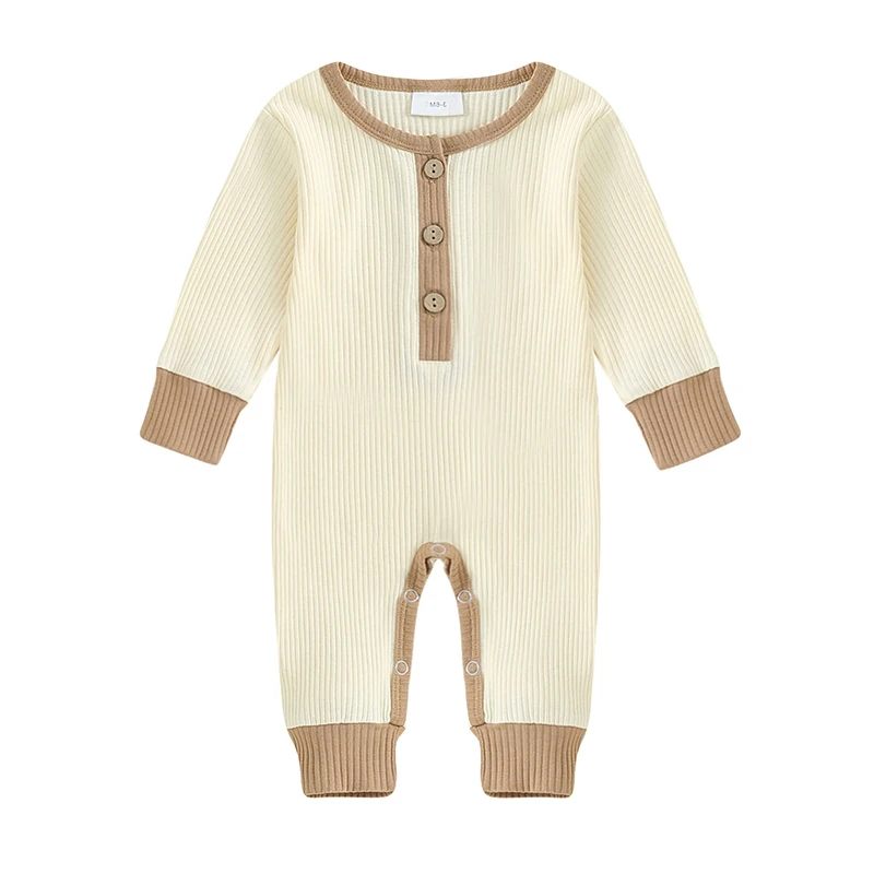 Newborn Infant Baby Girl Clothes Long Sleeve Contrast Color Crew Neck Front Button Jumpsuit Romper