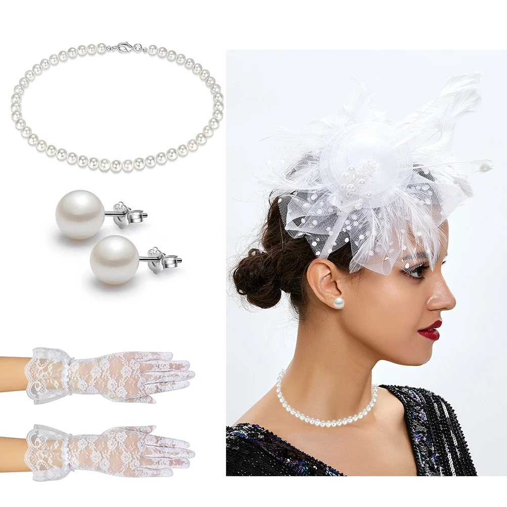 

Fascinator Hat Mesh Veil Pearl Necklace Set Lace Gloves Elegant Headpiece Tea Party Wedding Bridal Shower Photoshoot Accessories