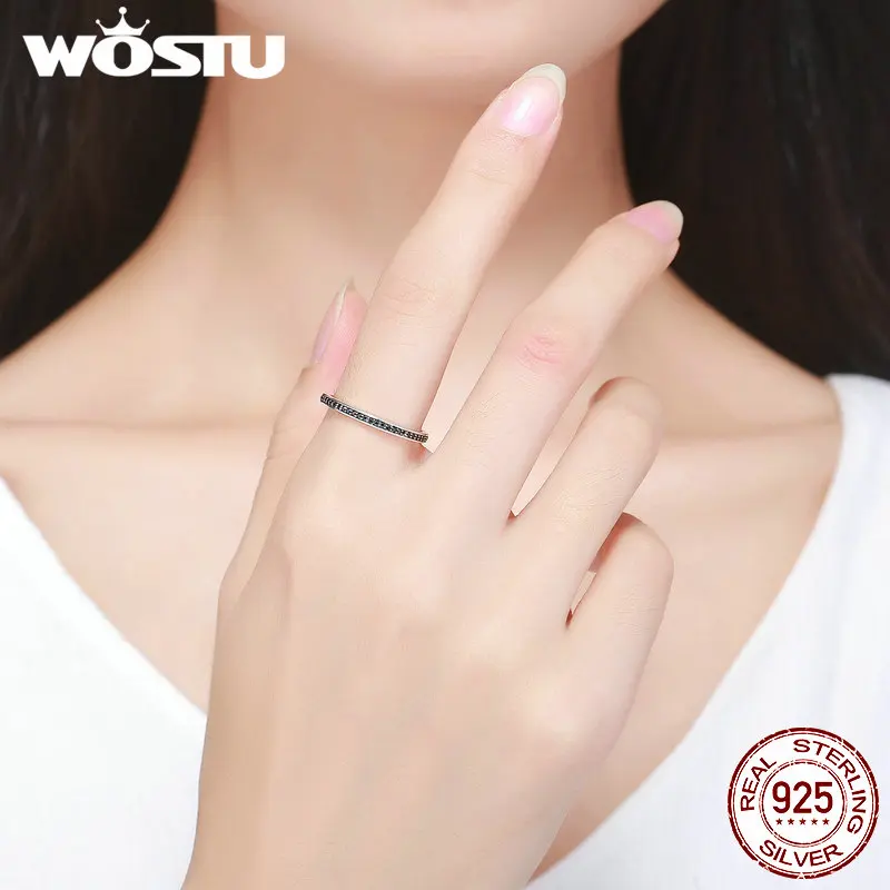 WOSTU Authentic 925 Sterling Silver Finger Stackable Rings With Black CZ For Women Fashion Jewelry Fine Gift FIR114