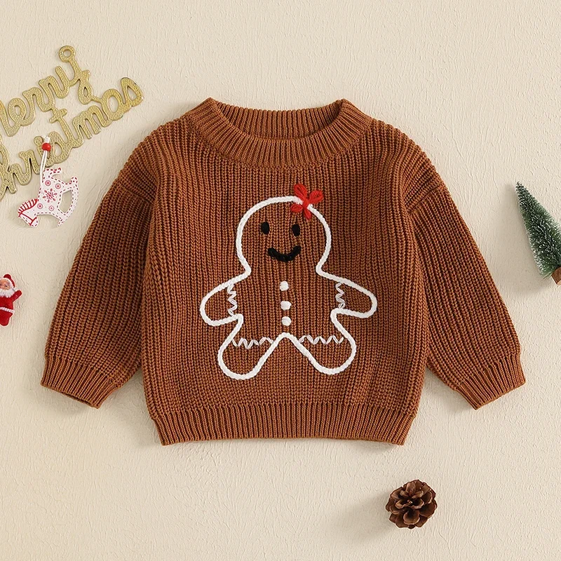 Girls Boys Christmas Sweater Gingerbread Man Embroidery Crew Neck Long Sleeve Pullovers Fall Winter Tops