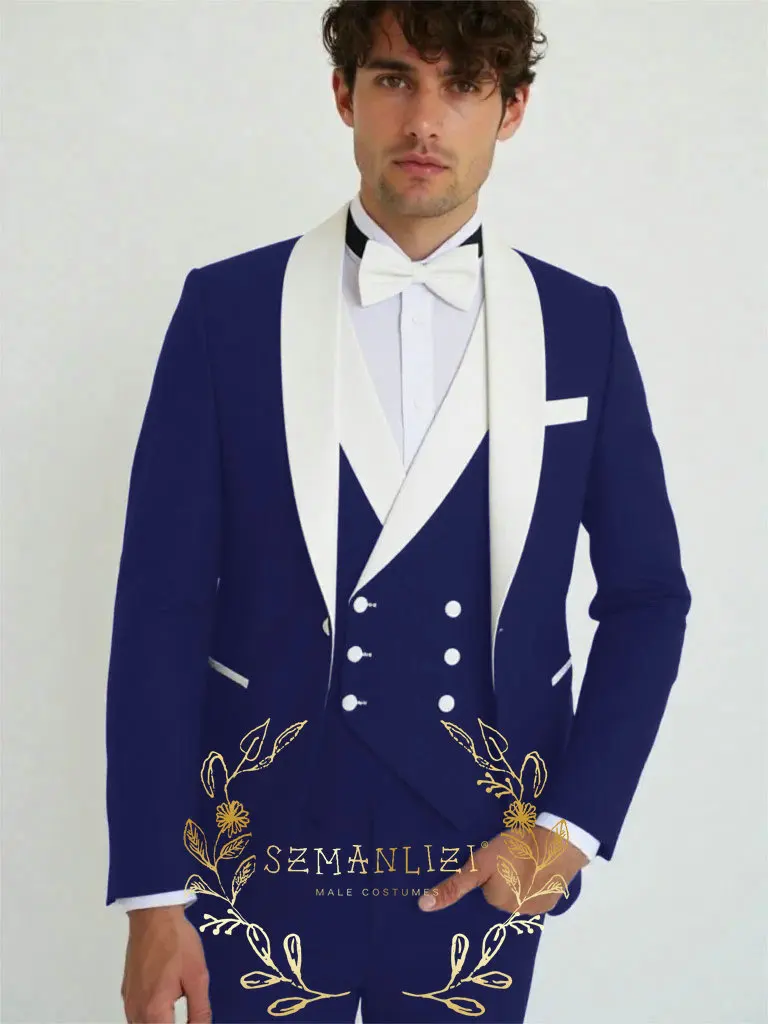 

Fashion Navy Blue Men's Suit 3 Pieces Slim Fit White Shawl Lapel Jacket Vest Pants Set Prom Party Business Luxury Men's Tuxedos