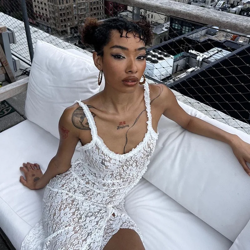 Robe froncée transparente en dentelle pour femmes, Style européen et américain, bretelles, épaules dénudées, 2025