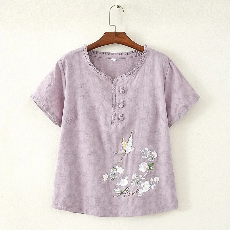Women's Floral Bird Embroidered Cotton Linen T-Shirt Plus Size Casual Blouse