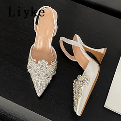 Liyke 2026 New Fashion Crystal Rhinestone Pointed Toe Strange High Heels Slingback Sandals Women Wedding Banquet Shoes Pumps