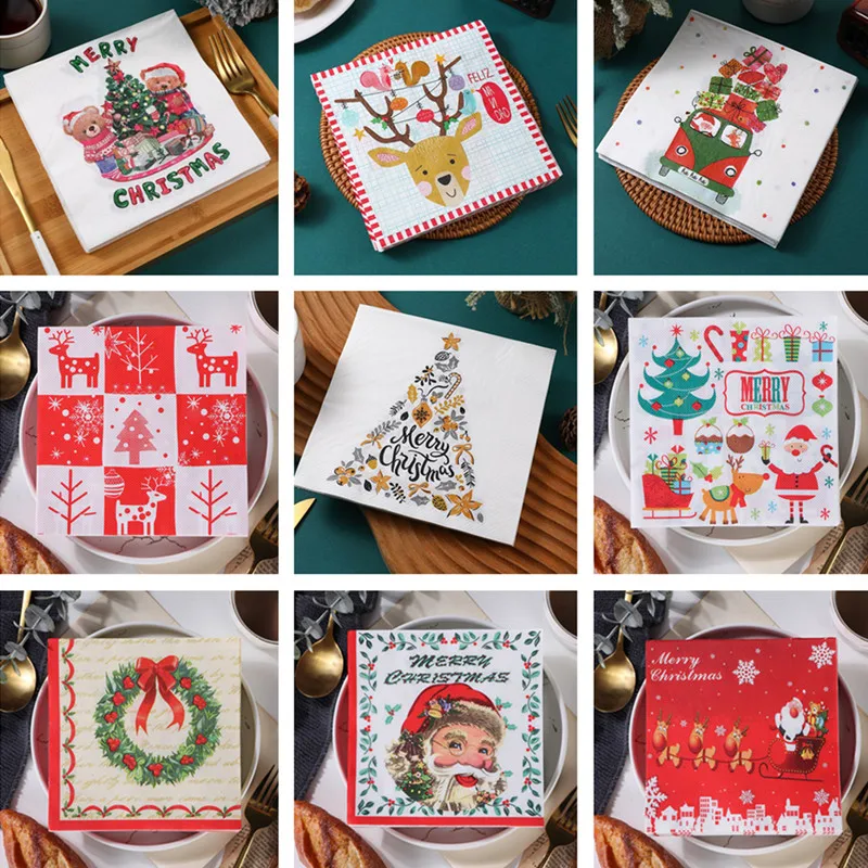 

20Pcs/pack Christmas Series Printed Paper Disposable Tableware Napkin Tissues DIY Xmas Party Decoration