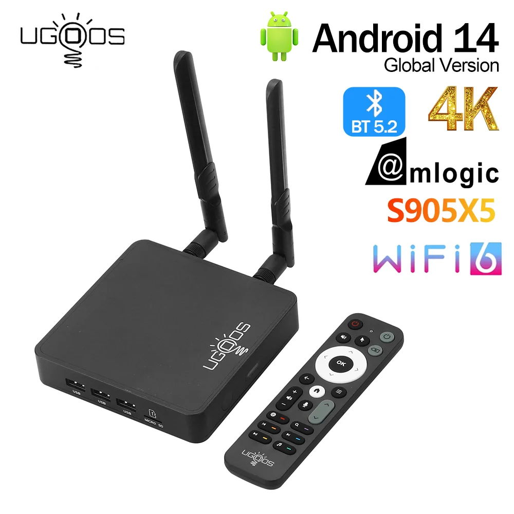 

UGOOS AM9 Amlogic S905X5 Android 14 TV BOX AM9 LPDDR4 4G64G с поддержкой AI-SR, 4K HDR, WiFi6, BT5.2, 1000M и голосовым пультом ДУ