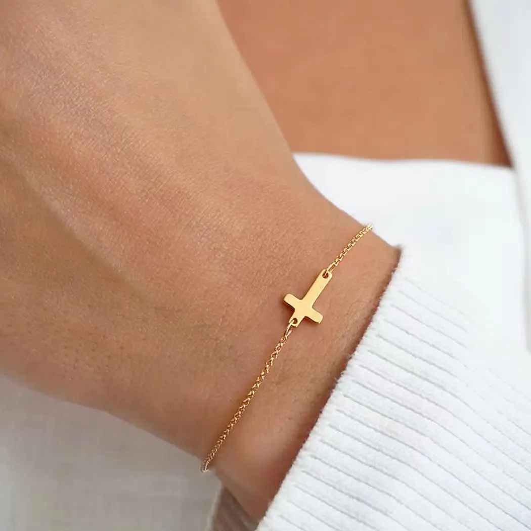 2026 Hot Selling New Crucifix Horizontal Sideways Cross Charm Bracelets for Women Stainless Steel Jewelry Gift
