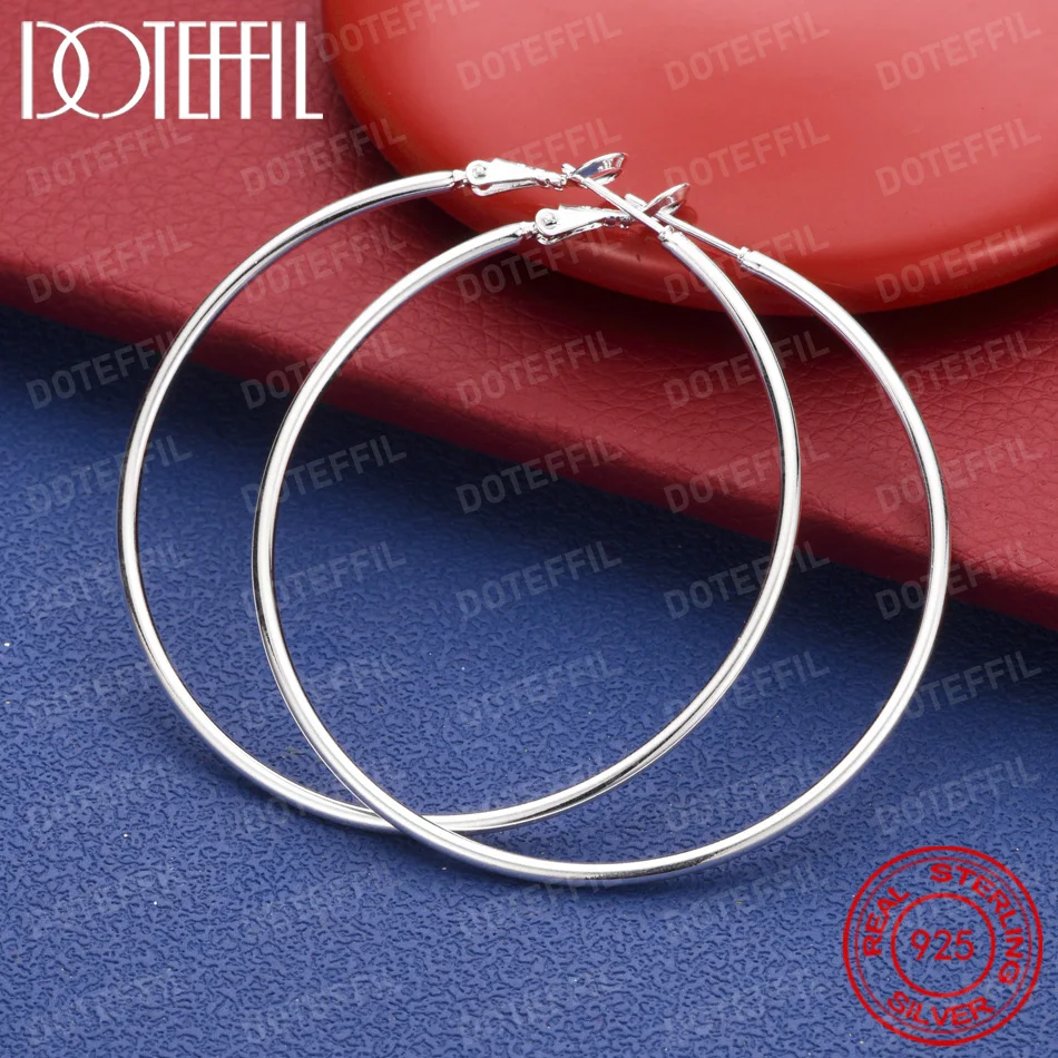 925 Sterling Silver 50/60/70/80mm Simple Bright Round Earrings for Women, Fashionable Wedding Jewelry, Party Gifts