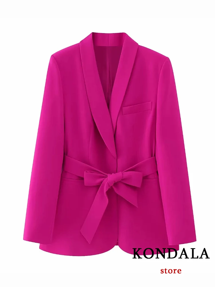 KONDALA Vintage Solid Roesred abiti da donna Office Lady Fashion 2023 manica lunga con scollo a V cintura con fiocco Blazer oversize pantaloni a