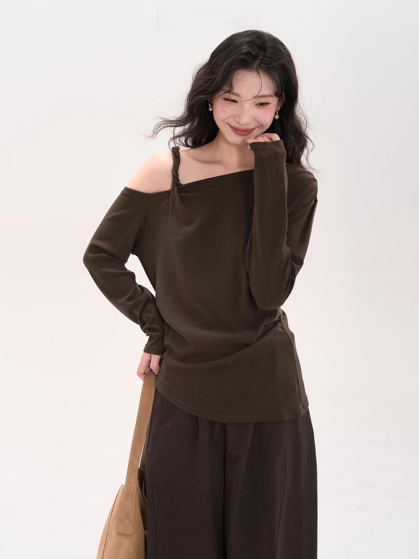 

Женский топ с цветочным принтом и узлом на плече, утягивающий фигуру, осенний повседневный топ с длинным рукавом