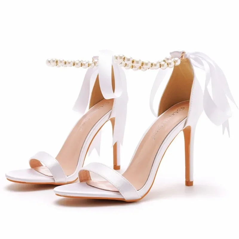 Summer New Brand Ankle Strap Sandal String Bead PU 10.5CM Thin Heels Buckle Strap Wedding Dress Women\'s Shoes Champagne