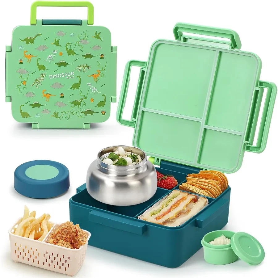

Large Capacity Insulated Bento Box for with Thermos and 4 Compartments Designed for Ages 3+ Ideal for School Travel and Outdoor