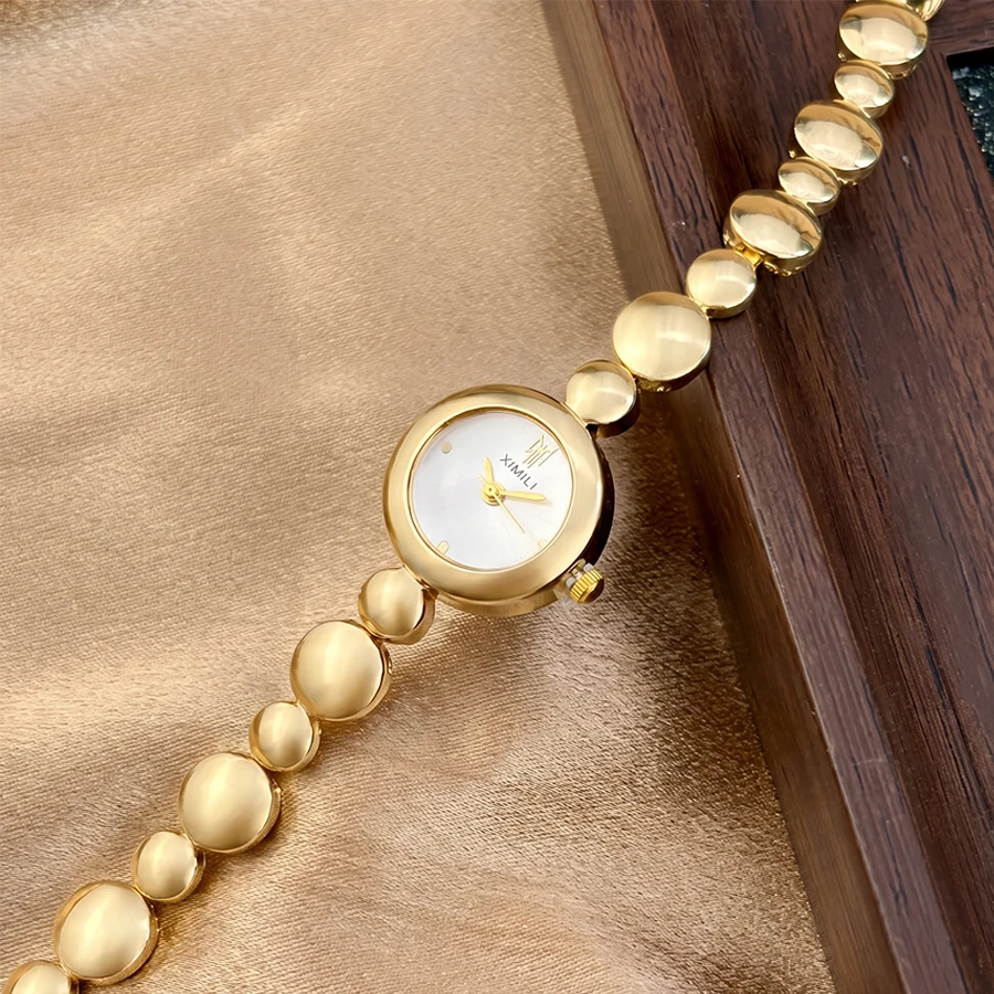 Round Dial Alternating Gold Bead Strap Minimalist Chic Modern Ladies Wrist Watch