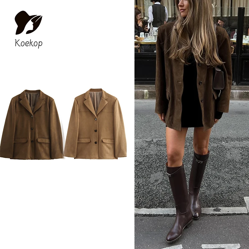 Koekop Women\'s Fashion Solid Color Lapel Single Breasted Blazer Vintage Casual Temperament Chic Lady Loose Jacket