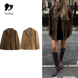 Koekop Women's Fashion Solid Color Lapel Single Breasted Blazer Vintage Casual Temperament Chic Lady Loose Jacket