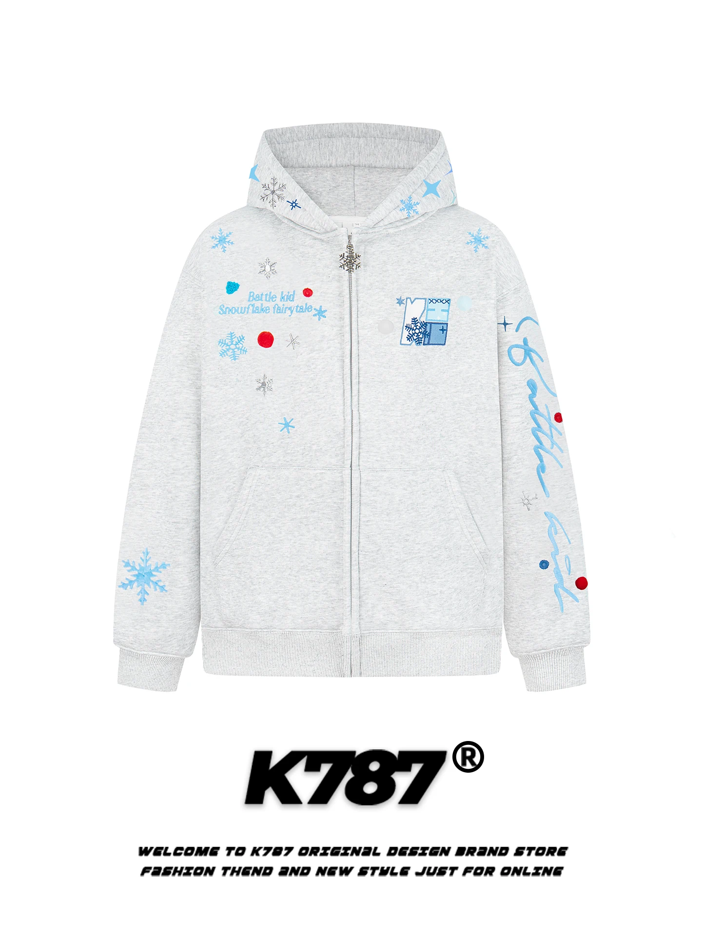 

Толстовка K787 в американском ретро-стиле с вышивкой снежинок, свободного кроя, теплая, на молнии, молодежная, повседневная, из хлопка и полиэстера