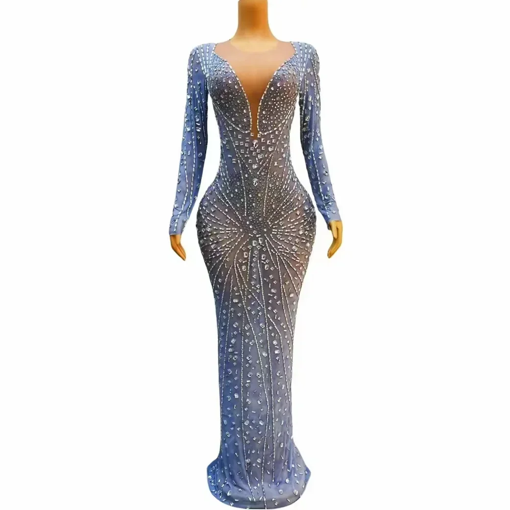 

Sexy Luxury Birthday Dres Celebrate Evening Party Rhinestone Shiny Crystal Gray Mesh Transparent Long Dress Model Singer Wear