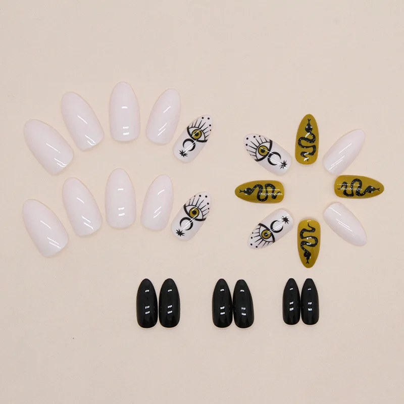 

24 шт. ногти на Хэллоуин — черная змеиная кожа со светящимися глазами и звездами, средний миндаль, готический стиль для вечеринки