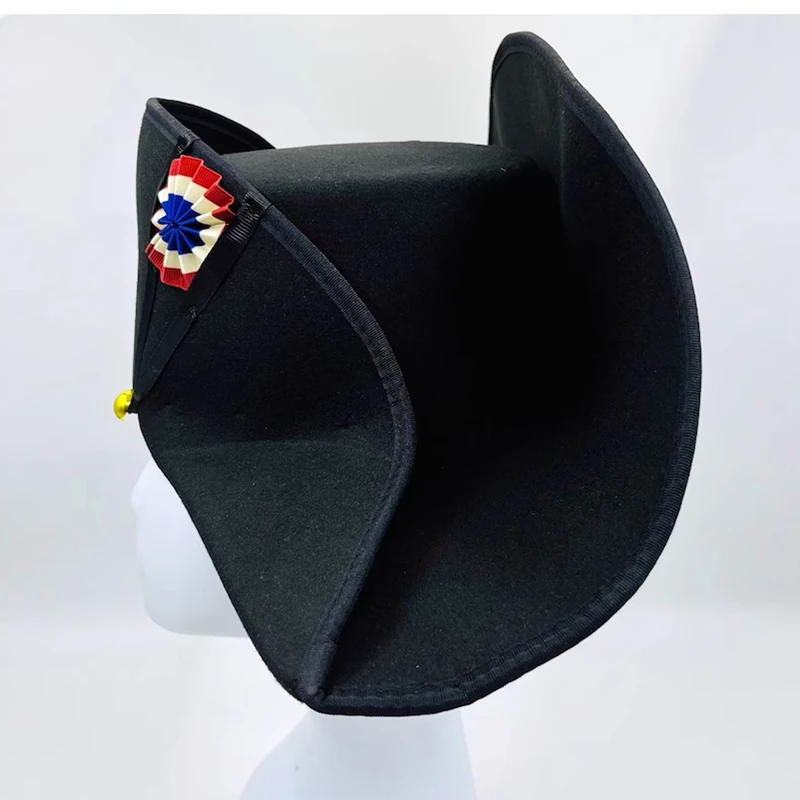 Napoleon Franse Stijl Admiraal Kapiteins Bicorne Hoed Cosplay Wollen Pet Zwart Heren Volwassen Rekwisiet Accessoires 59Cm Hoofd Maat