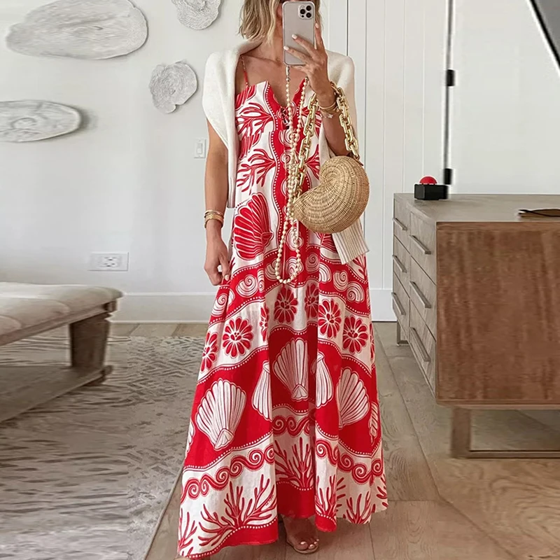 

Women Off Shoulder High Waist Temperament Dress Sexy Print V Neck Spaghetti Strap Dress Summer Holiday Beach A-line Long Dresses