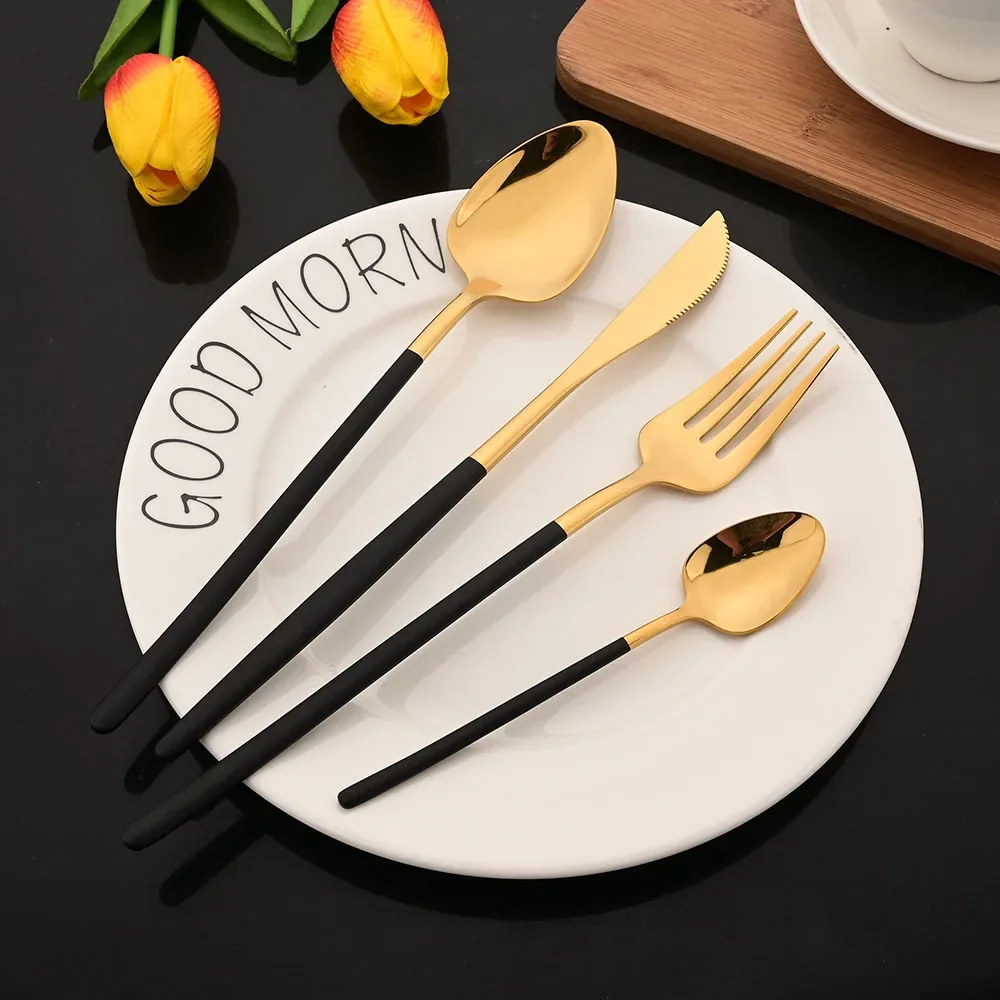 4Pcs Mirror Golden Cutlery Set Stainless Steel Western Knife Fork Spoon Tableware Flatware Set Festival Kitchen Dinnerware Gift