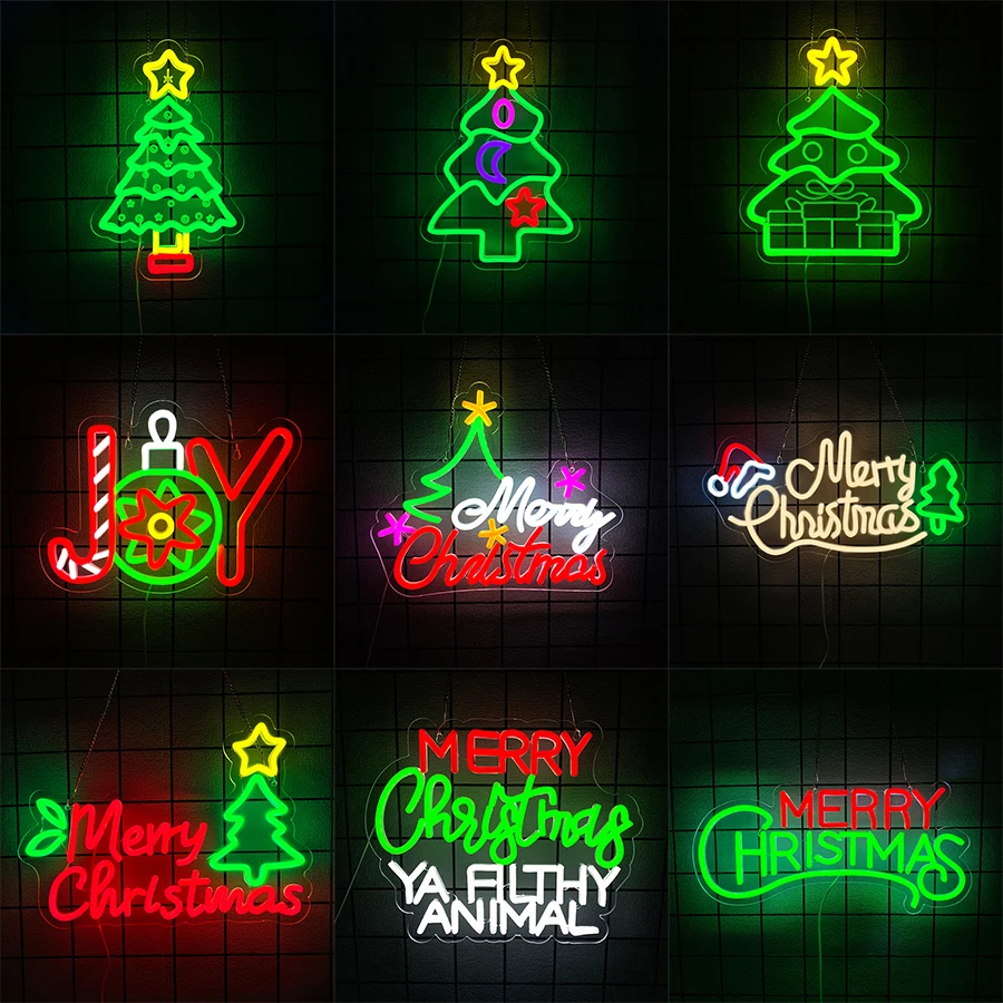 Merry Christmas Neon Sign for Wall Decor, Christmas Tree Neon Signs Vibrant LED Neon Light up Sign for Party Decor USB Powered
