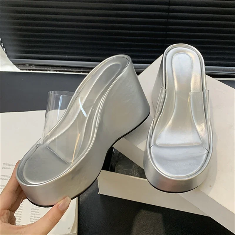 Eilyken Summer Fashion PVC Transparent Women Slippers Solid Platform Wedges High Heels Shoes Peep Toe Sandals Ladies Shoes