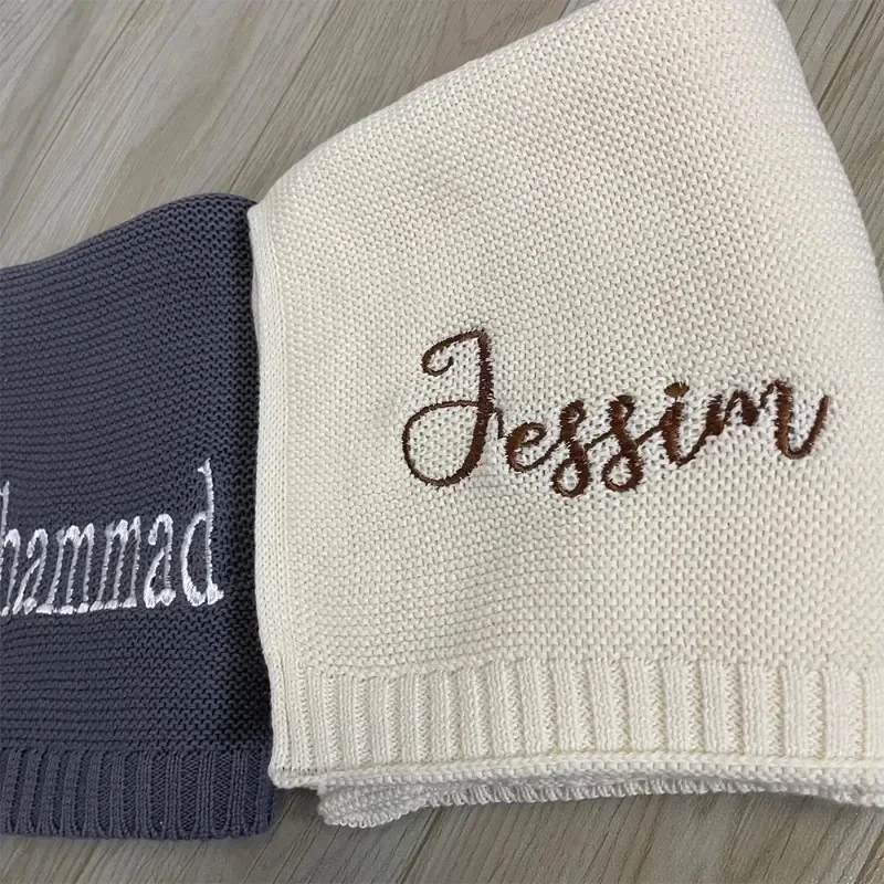 Cotton Knitted Blanket Personalized Embroidered Name Baby Boy Baby Girl Soft Blanket Baby Shower Breathable Stroller Blanket