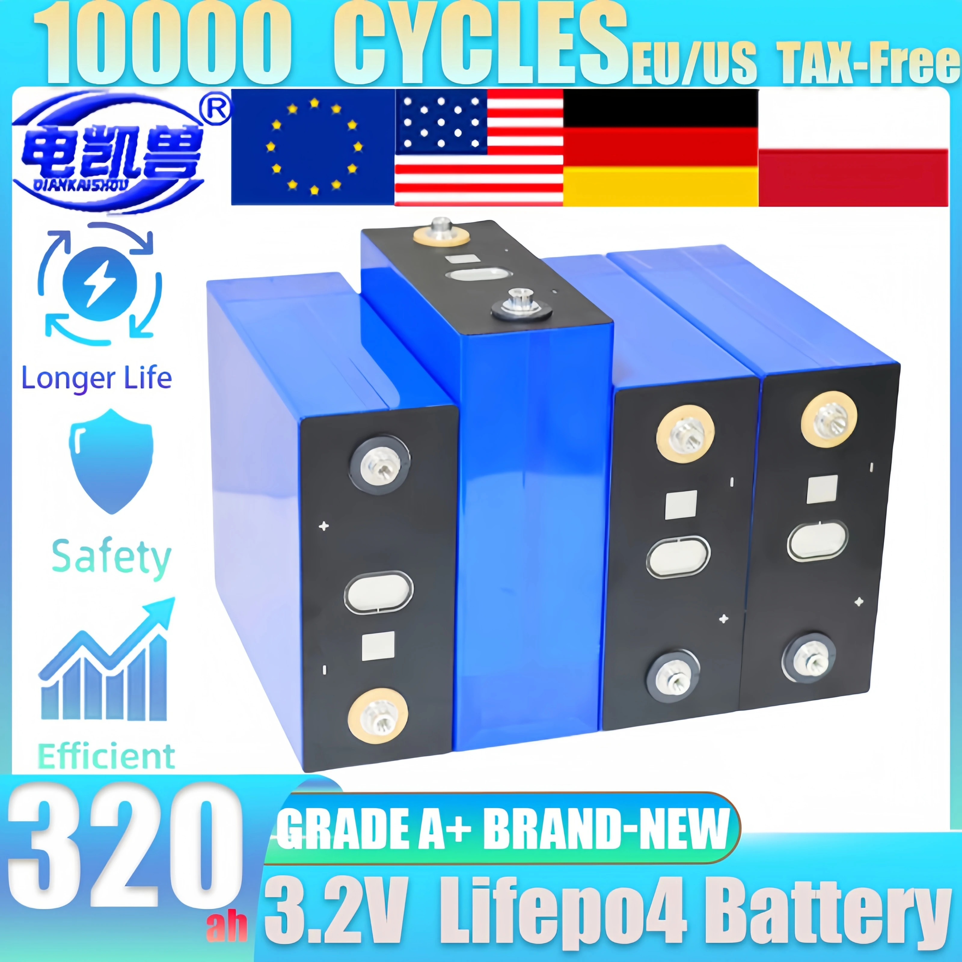 

Brand new A 3.2V 320Ah LiFePO4 Rechargeable Battery 10000 Cycles DIY 12V/24V/48V RV EV Perfect for Golf/Solar/Camping tax free