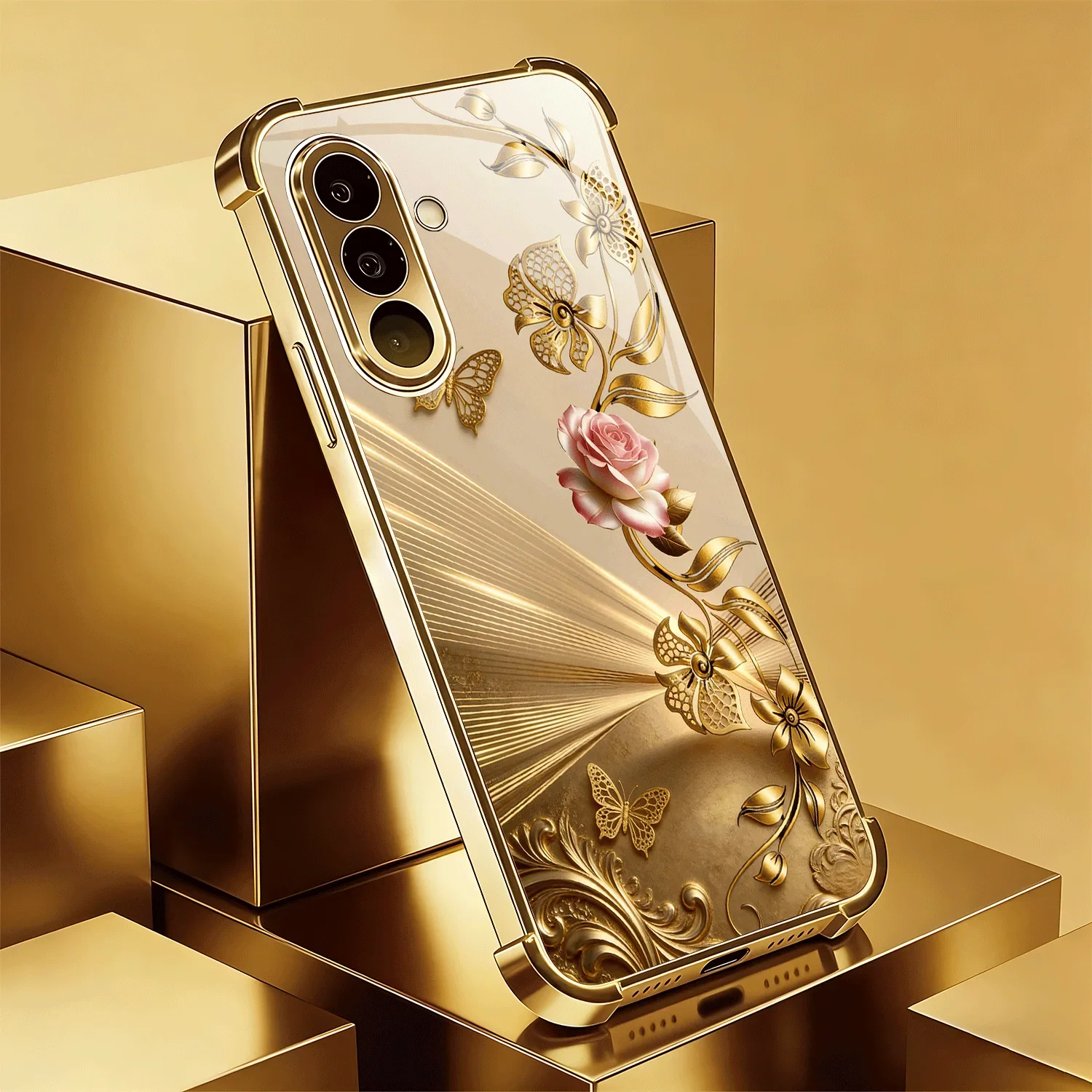 Light Luxury Gold Edged Four Corner Anti Drop Electroplated Glass Phone Case, Suitable For Samsung S21/22/23/24/25/26Plus Ultra