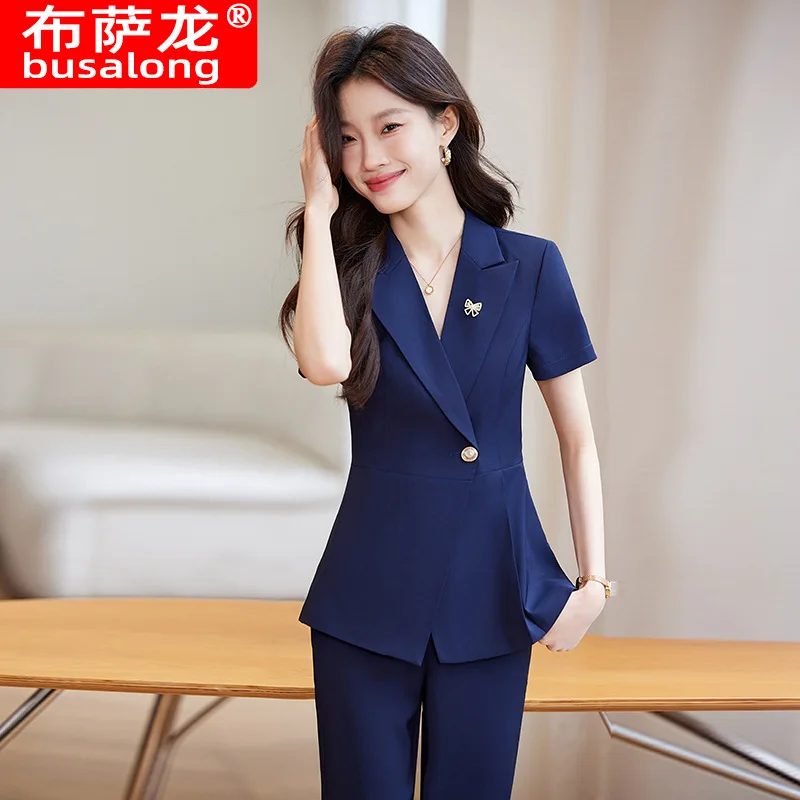 Professional Short Sleeve Suit Set for Women, Summer Elegant Formal Blazer, Sales Office Workwear, Jewelry Store Work Uniform