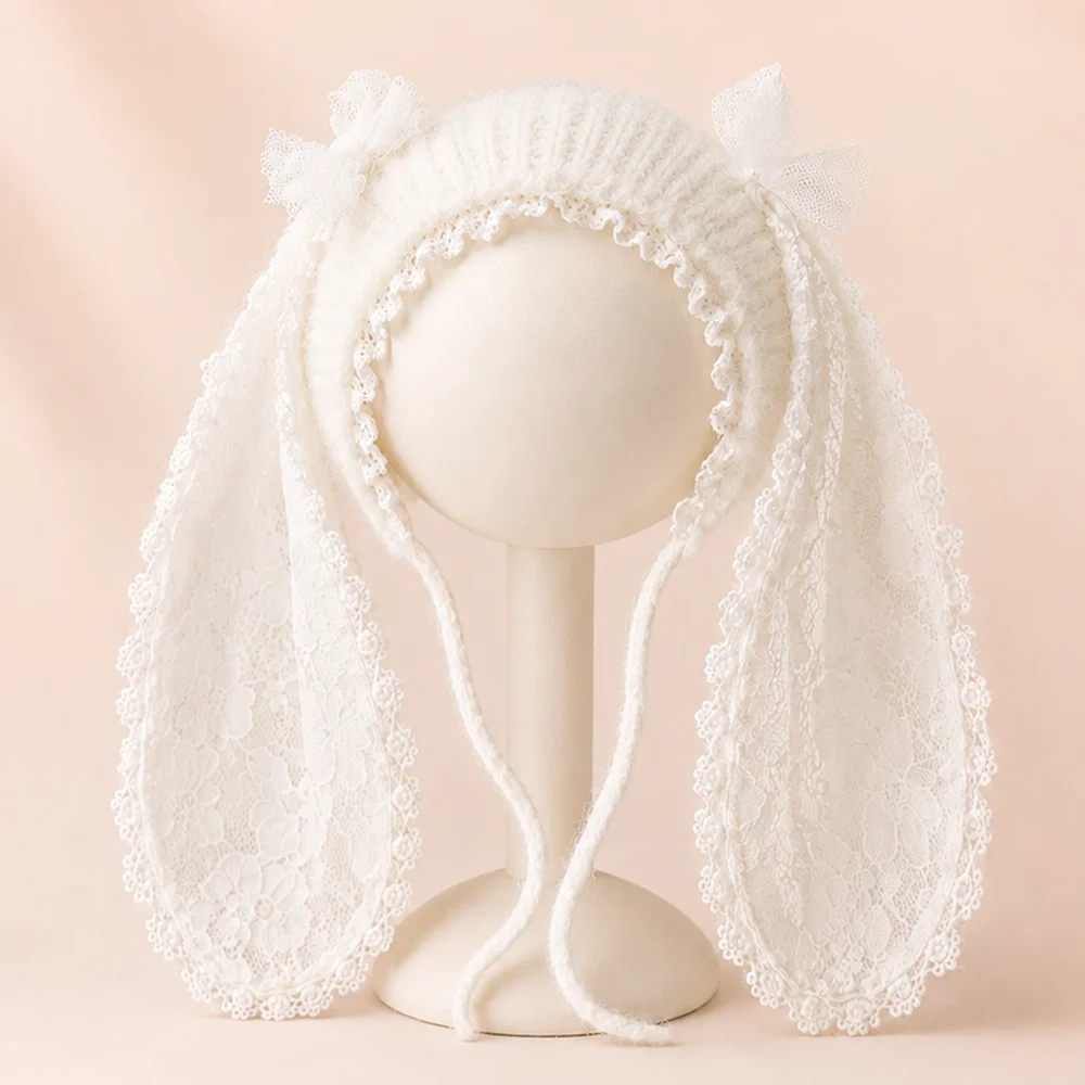 Sweet Lace Ruffle Newborn Bunny Hat with Long Ears for Photography Props Two Bows Knitted Baby Rabbit Bonnet Photo Accessories image 4