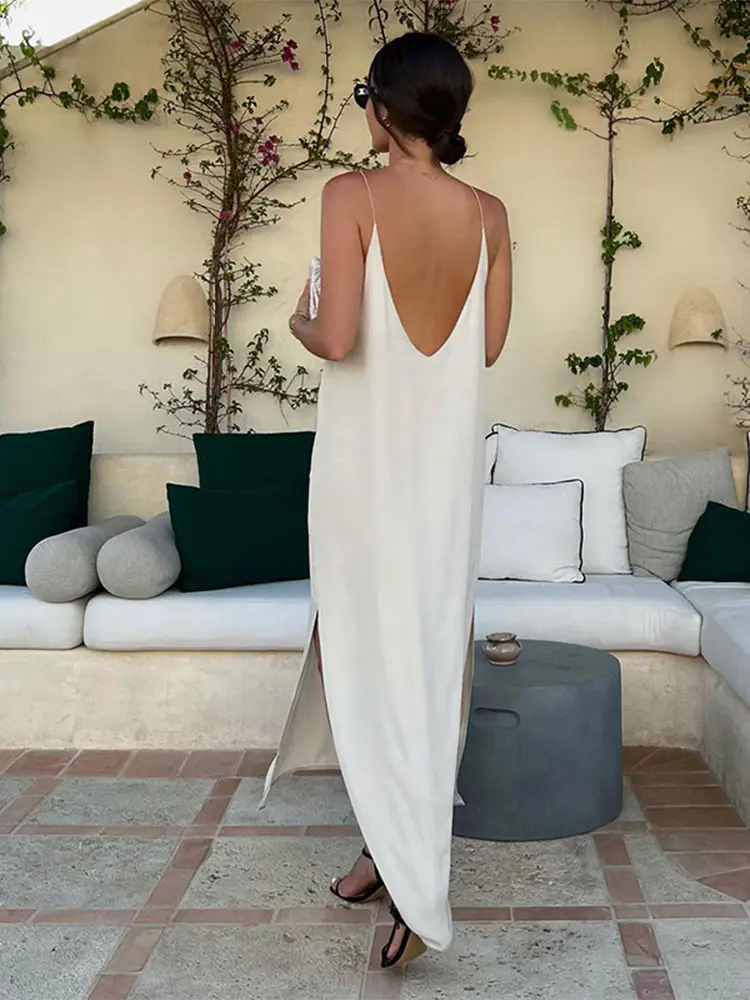 Women Elegant White Split Maxi Dress Lady Sexy Backless Sleeveless Sling Dresses Summer 2024 Female Beach Vacation Robes