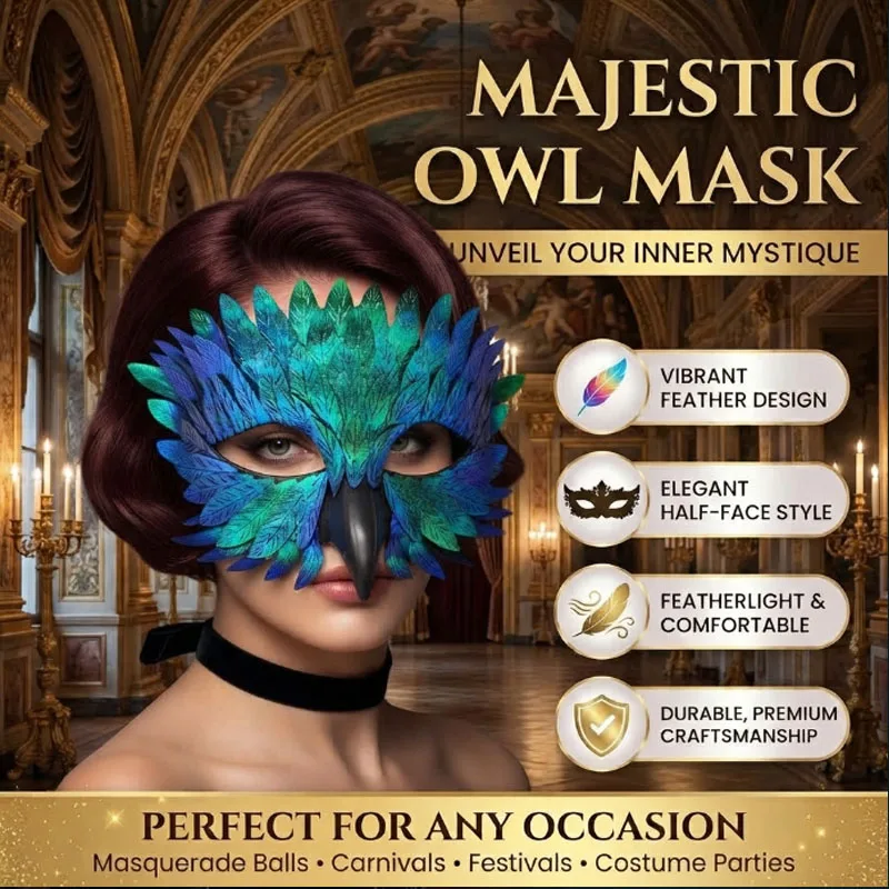 Elegant Gothic Bird Beak Half Face Mask with Luxurious Owl Feathers for Masquerade Ball Halloween Costume Accessories