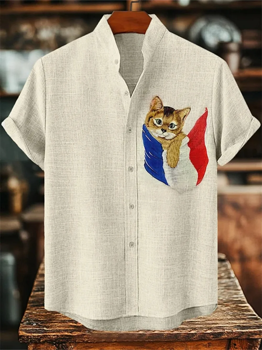 

Men's Minimalist Printed Short Sleeve Linen Shirt Fashionable Stand up Collar Design Hawaiian Vacation Casual Style