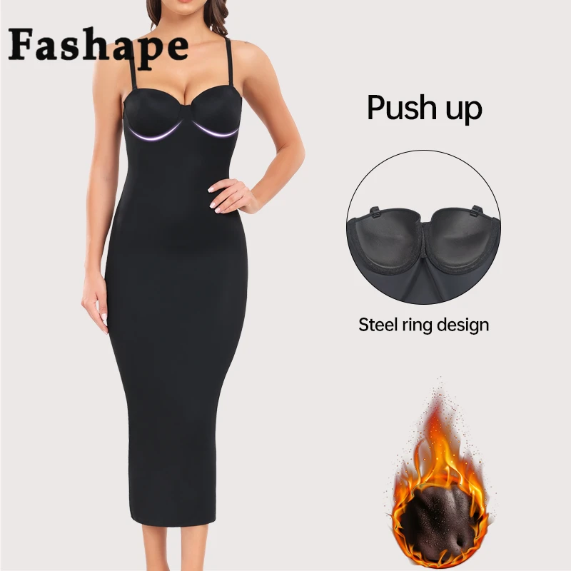 Fashape Waist Shapers Woman Shapewear Tummy Control Slimming Underwear Sexy Long Halter Dress Push Up Bra Hemline Split