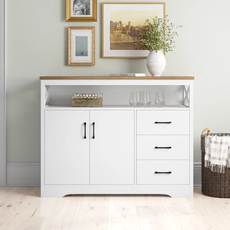 

24 Years Factory Direct Farmhouse White Bar Cabinet With 2 Door 3 Drawers And Storage Shelf