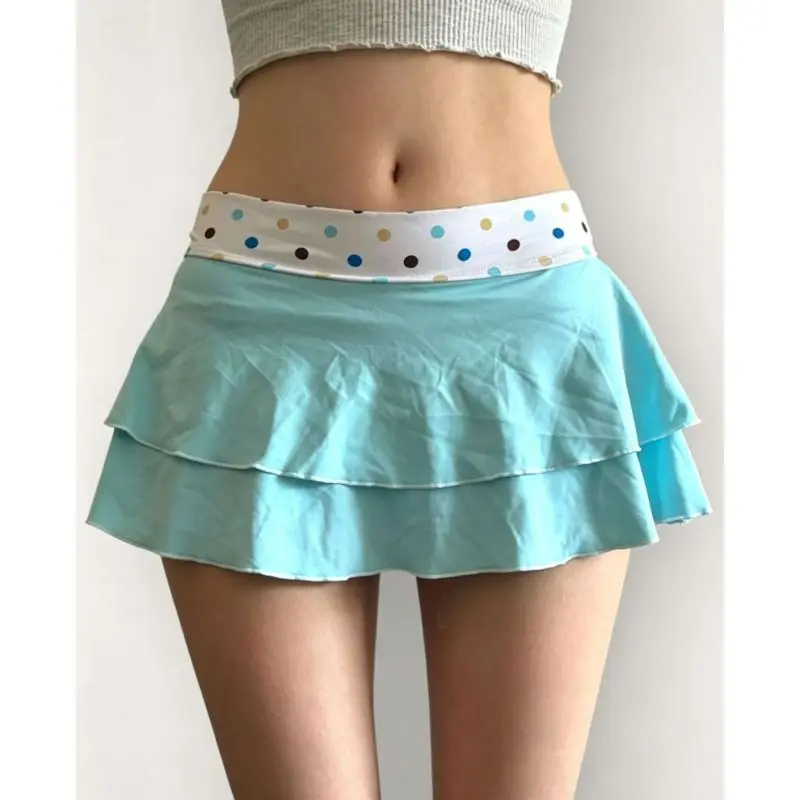 Harajuku style sweet and cool spice girl low waist miniskirt polka dot waist layered ruffled skirt sub-culture street skirt.